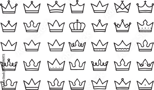 Royal Crown Icon Set - King Queen Princess Tiara Vector Collection, Luxury Gold Silhouette Symbols of Authority, Rank, and Winner Award