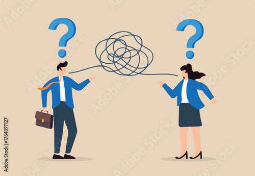 Flat illustration of two business colleagues communicate through messy line with question mark misunderstanding confusion conflict opinion discussion meeting conversation