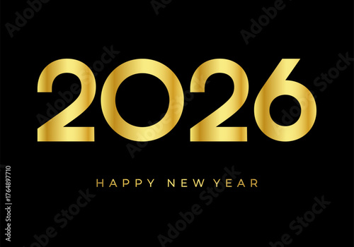 Golden 2026 Happy New Year on dark background. Elegant minimalist festive banner for greeting, holiday, and design projects.