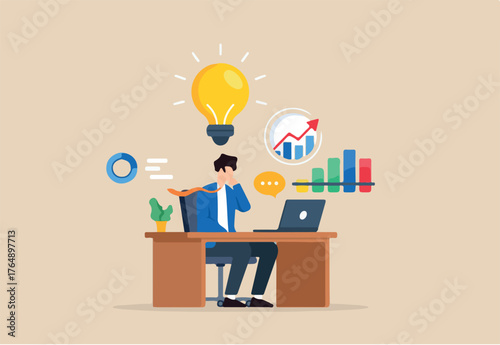 Flat illustration of businessman sitting at desk discovering new insight with bright lightbulb and analytics chart while communicating remotely via laptop with speech bubble