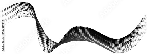 Flowing dots particles wave pattern 3D curve halftone black gradient curve shape isolated on white background. Vector in concept of technology, science, music, modern vector wave