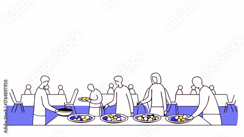 A vibrant scene of people in a line eagerly filling their plates with food from a communal buffet displaying the variety of colorful dishes available at the event.