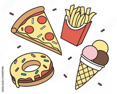 Illustration of pizza slice, fries, donut, and ice cream