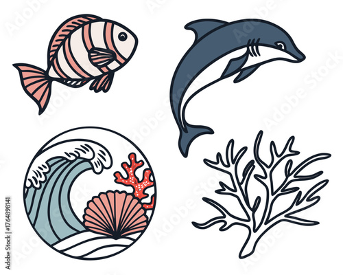 Marine life illustration featuring fish, dolphin, wave, coral, and seaweed