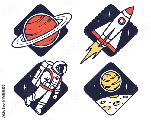 Space themed badge set with astronaut, rocket, moon and saturn