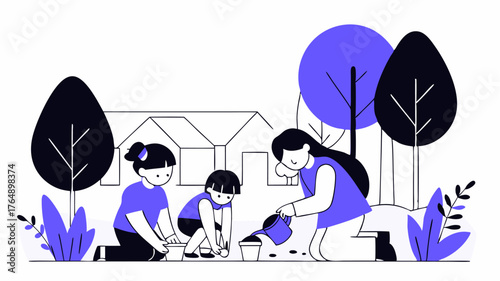 A group of children planting trees and flowers in a garden area adjacent to the community shelter guided by adults symbolizing growth and environmental stewardship.