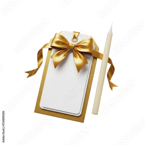 transparent gift tag on textured gold card with a golden satin bow, ribbon, and unlit ivory taper candle, isolated on transparent, close-up commercial product concept of premium luxury