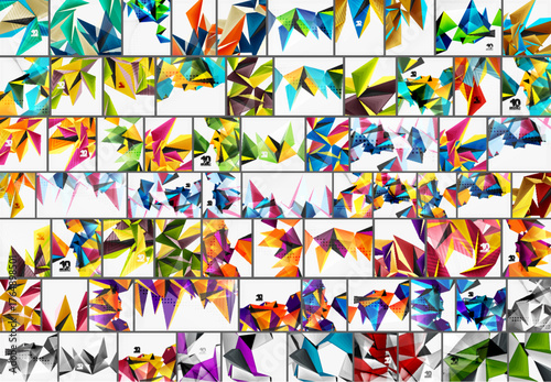 Colorful geometric patterns fill image. Many triangles, shapes overlap creating vibrant mosaic effect. Bright hues dominate composition.