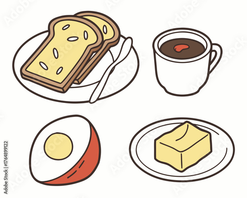 Breakfast with toast, egg, butter, and coffee