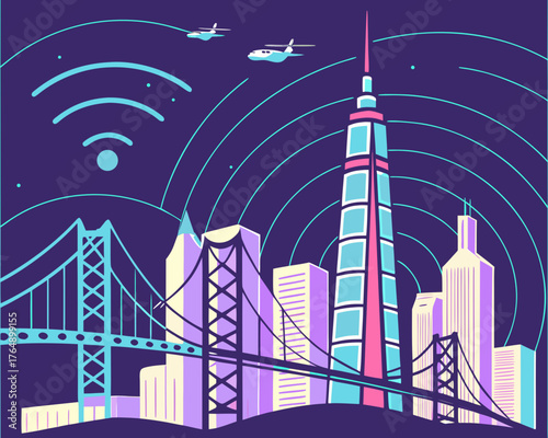 Cityscape with bridge, skyscrapers, airplanes, and wifi signal on purple background