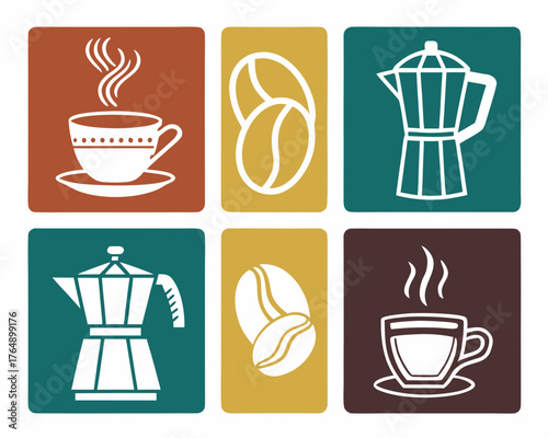 Coffee themed icons with coffee beans, cups, and moka pots on squares