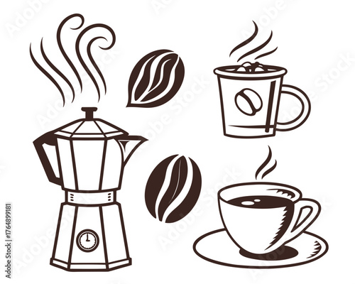 Coffee themed illustration with coffee beans, cups, and moka pot isolated