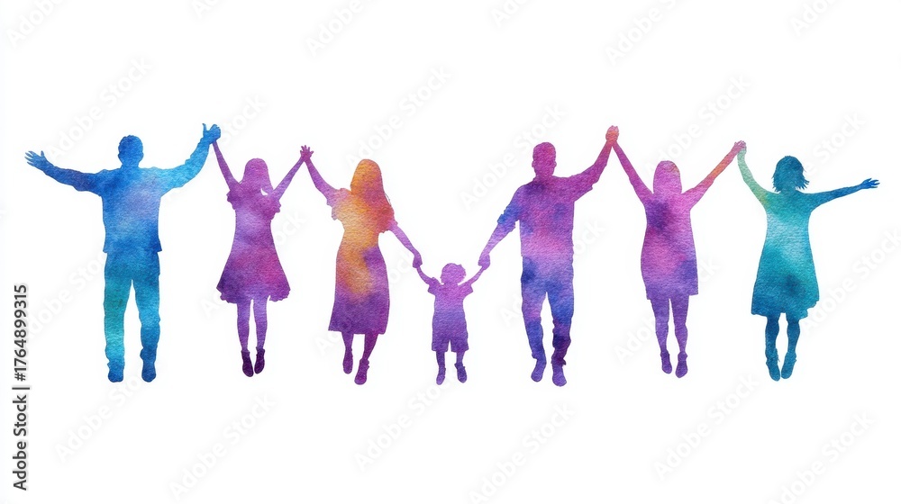 Fototapeta premium Colorful Silhouettes of Family Celebrating Together in Unity, Symbolizing Love, Joy, and Togetherness in a Vibrant Watercolor Style