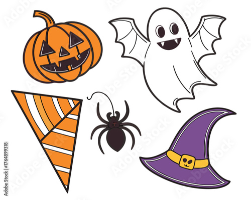 Halloween themed illustration with pumpkin, ghost, spider, and witch hat isolated