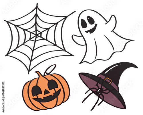 Halloween themed illustration with spiderweb, ghost, pumpkin, and witch hat isolated