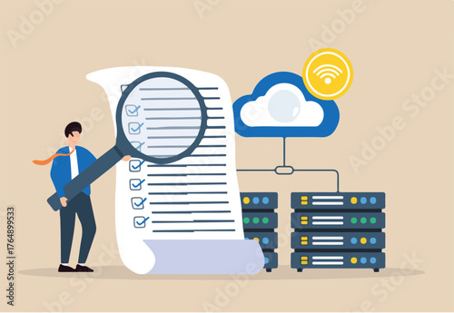 Flat illustration of system administrator performing security audit on corporate network infrastructure