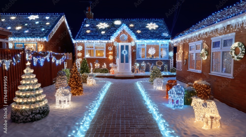 Fototapeta premium Beautifully Decorated Yard with Glowing Christmas Lights and Ornaments Creating a Magical Winter Wonderland Atmosphere