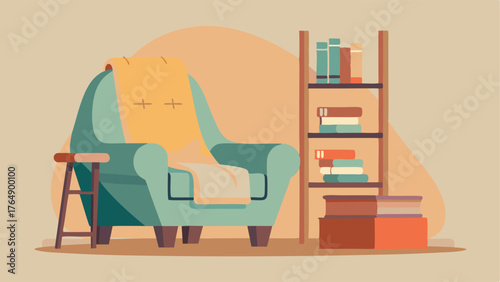A cozy reading nook with a plush neutralcolored armchair a wooden ladder bookshelf and a soft woven throw blanket.