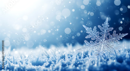 3d illustration of macro shot of a delicate snowflake resting on frostcovered ground, illuminated by soft, diffused light, creating a serene winter scene with bokeh effect and cool blue tones