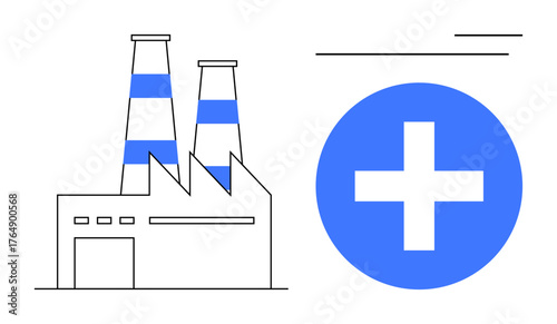 Factory structure with two smokestacks and bold plus symbol suggesting progress, health, sustainability, and growth. Ideal for industrial development, innovation, green energy, manufacturing