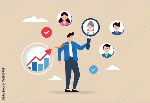 Flat illustration of businessman with magnifying glass focuses on users or client illustrating customer centric marketing strategy