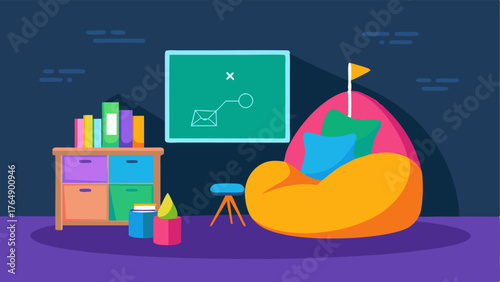 A colorful carrel with a chalkboard wall for brainstorming and a plush bean bag chair for relaxed studying.