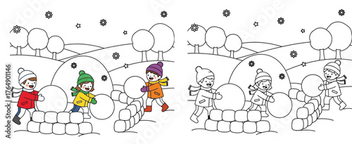Three Joyful Kids Rolling Snowballs to Build a Snowman or Snow Fort in a Winter Wonderland Landscape