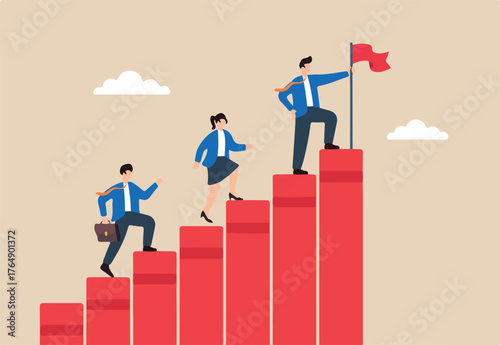 Flat illustration of business leader planting flag on top of red progress bars while team climbs steps of startup achievement