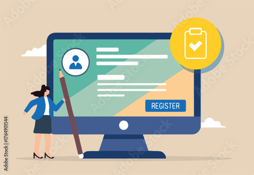 Flat illustration of businesswoman hold pencil complete online registration form on computer screen register new user account creation job application submission sign up information apply membership