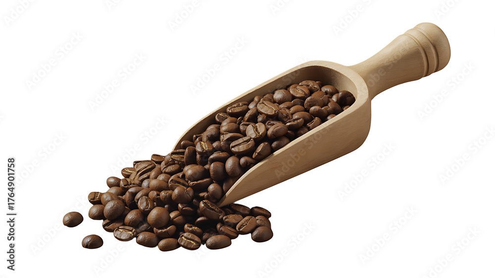 Fototapeta premium Coffee Beans in a Wooden Scoop: An inviting close-up of roasted coffee beans spills from a rustic wooden scoop, offering an aroma of rich and invigorating beverage.