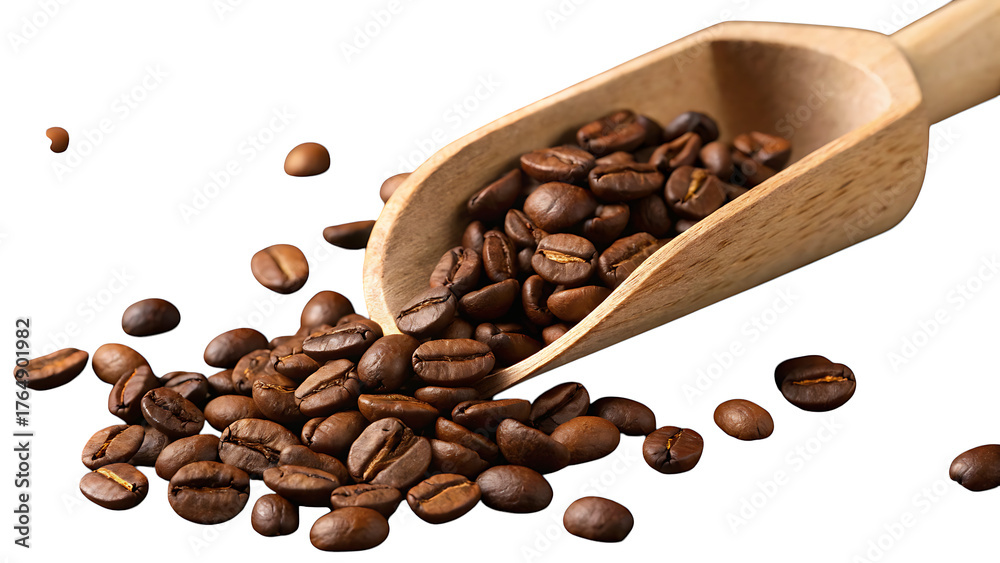 Naklejka premium Roasted Coffee Beans: A close-up shot of freshly roasted coffee beans spilling from a wooden scoop, the rich texture and aromatic promise of the beans tantalizing the senses.