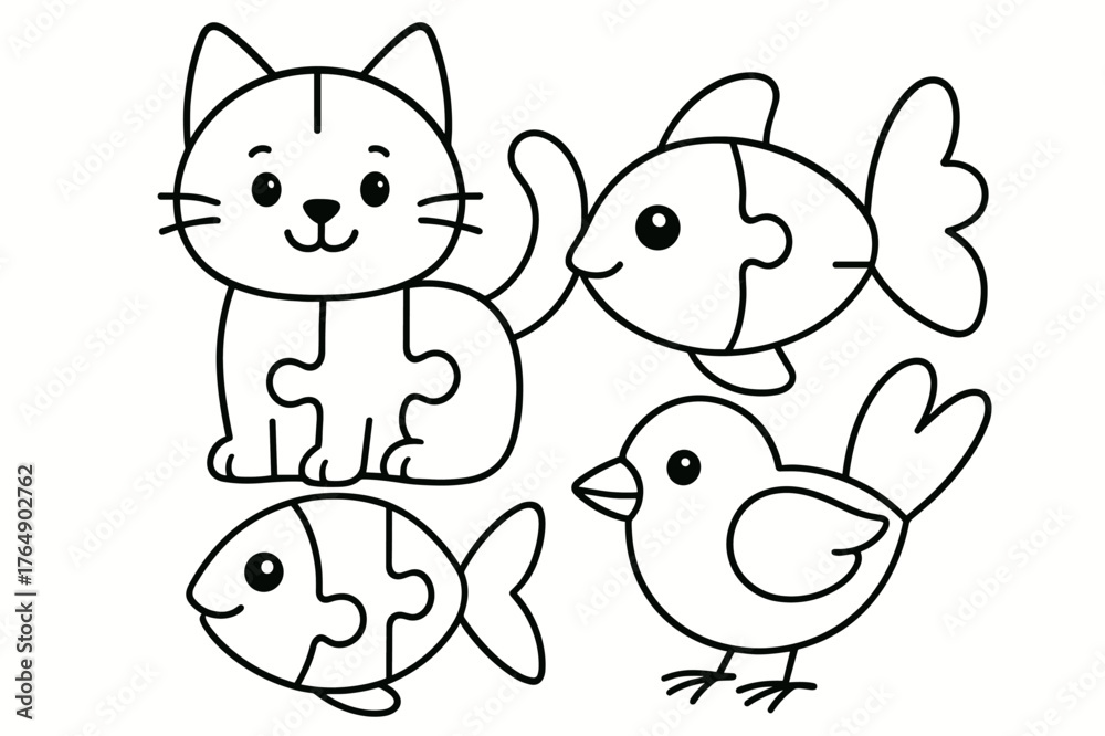 Naklejka premium Animal Puzzle Coloring. Animal puzzle game children?s coloring book illustration, outlined drawing, friendly animal shapes like a cat, fish, and bird made from