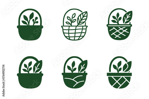 Wilderness Skills Logos. Survival and wilderness skills tourism. Set Logo of Survival and wilderness skills tourism: Foraging edible plants basket. harmonious