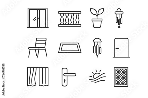 Balcony Terrace Icons. Balcony and Terrace. Line icon set of Balcony and Terrace: sliding door open, railings, potted plant, outdoor chair, doormat, wind