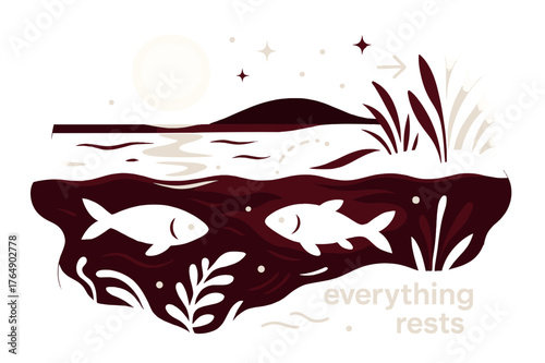 Moonlit River Reflections. River Ecosystem ? Night Reflections. Moonlight glides across a quiet current; fish shadows and starlit ripples merge. Caption