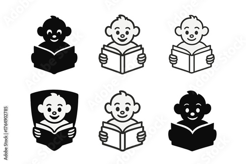 Diverse Logo Interpretations. Brand storytelling. Set Logo of Brand storytelling: Brand mascot telling a tale (character with open book). harmonious logo