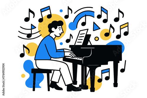 Musical Creativity Unleashed. Life Through Artistic Expressions. Composer at a piano with floating abstract musical notes and geometric shapes, creative and