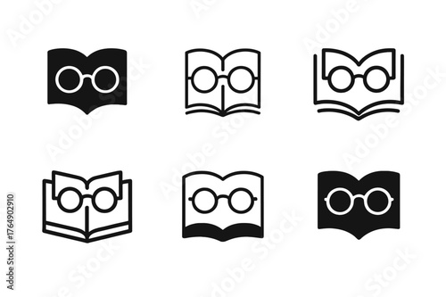Books and Reading Logos. Books and Reading. Set Logo of Books and Reading: reading glasses resting on an open novel. harmonious logo variations of the same