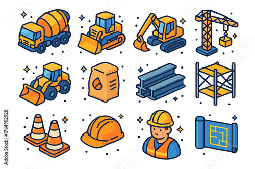 Colorful Construction Machinery Icons. Heavy machinery. Colorful isometric vector icons set of heavy machinery: concrete mixer truck, bulldozer, excavator,