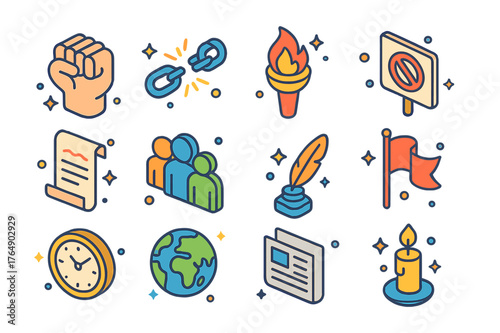 Revolutionary Icons Collection. Revolutionary achievements. Colorful isometric vector icons set of revolutionary achievements: raised fist, broken chains,