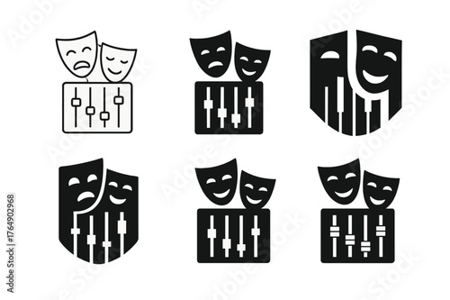 Theater Sound Logos. Theater sound design. Set Logo of Theater sound design: Mixing console. harmonious logo variations of the same emblematic concept, each