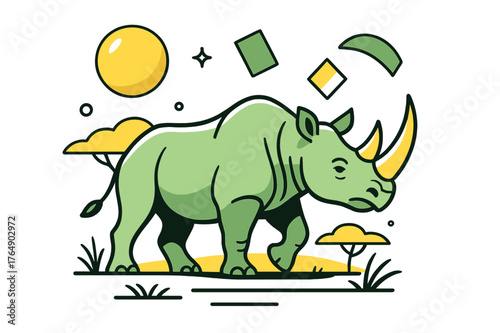 Geometric Rhino Serenity. Endangered Species. Rhinoceros in savannah with floating abstract geometric shapes and soft light reflections, strong and rare scene.