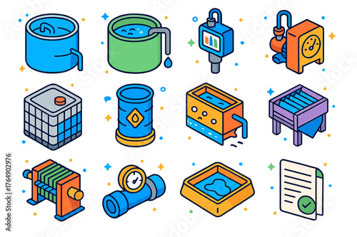 Industrial Wastewater Icons. Industrial wastewater control. Colorful isometric vector icons set of Industrial wastewater control: equalization tank,