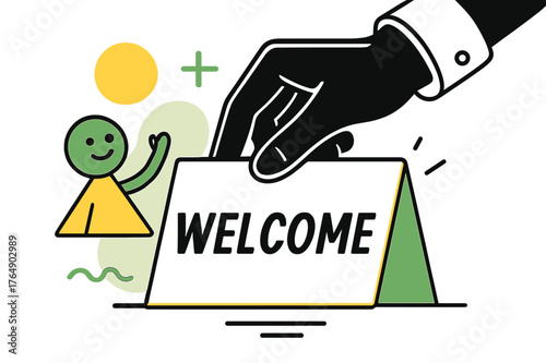 Welcome Card Placement. Hand Placing the Card. A gloved hand lowers a neat card that reads ?Welcome,? motion lines showing the gentle set-down. Soft highlights