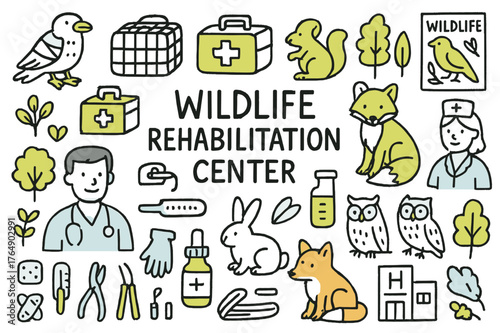 Wildlife Rehab Doodle. Wildlife rehabilitation centers. Hand-drawn doodle illustration veterinarian (colored), injured bird (colored), animal cage (colored),
