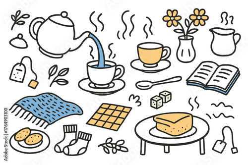 Colorful Tea Time. Pouring tea. Hand-drawn doodle illustration teapot (colored), steaming tea (colored), teacup (colored), saucer (colored), teaspoon