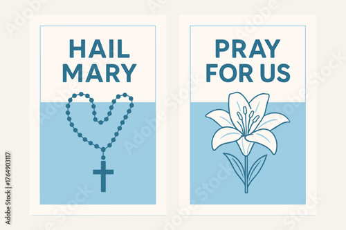 Hail Mary Banners. Hail Mary Prayer. Two vertical A6 banners with safe margins, centered composition, no elements touching edges, flat vector design, white and