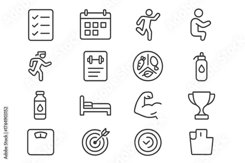 Fitness Icon Set. Fitness Routine. Line icon set of Fitness Routine: checklist, calendar, alarm clock, warm-up, workout plan, nutrition plate, hydration