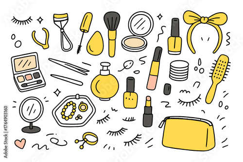 Vibrant Beauty Essentials. Beauty counter. Hand-drawn doodle illustration false eyelashes (colored), eyelash curler (colored), mascara tube (colored), makeup