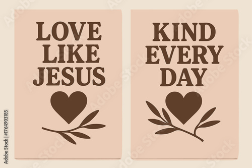 Love & Kindness Banners. Love in Action. Two vertical A6 banners with safe margins, centered composition, no elements touching edges, retro, cocoa and blush,
